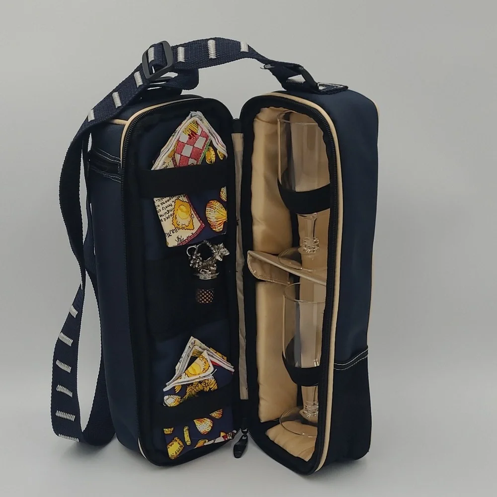 Picnic Time Insulated Wine Tote Bag Set Navy Blue with Glasses Napkins Stopper